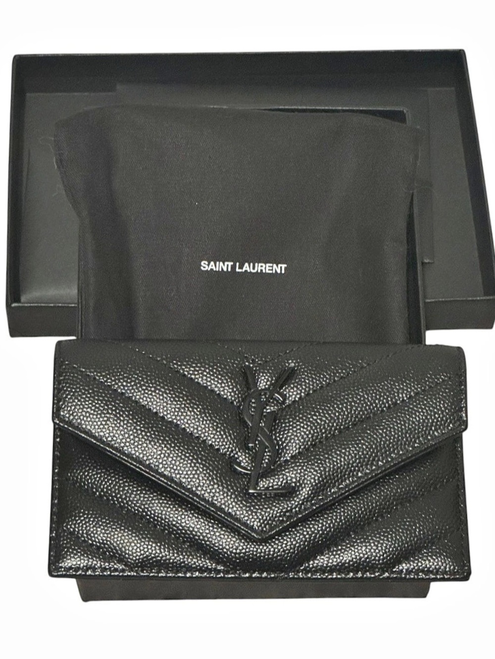 Yves Saint Laurent Cassandre Envelope Wallet Black Grain de Poudre YSL NIB Bag